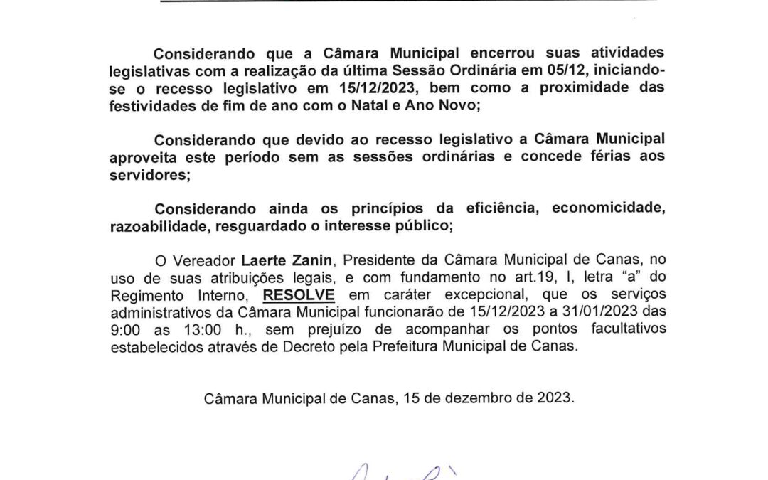 Aviso horário de funcionamento recesso.