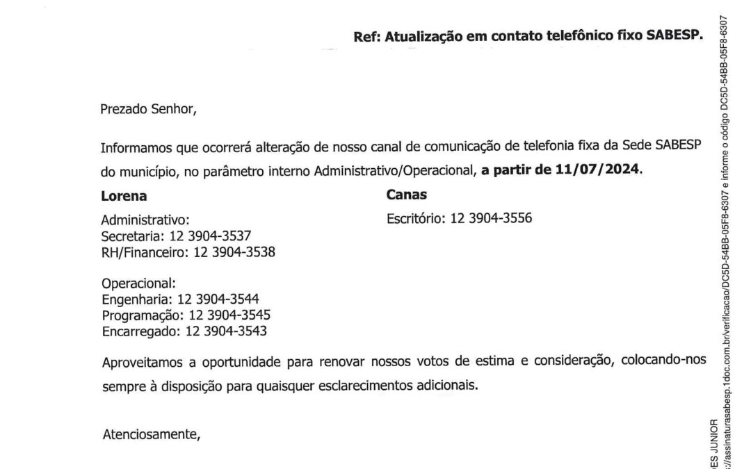 Aviso SABESP – telefones de atendimento Canas