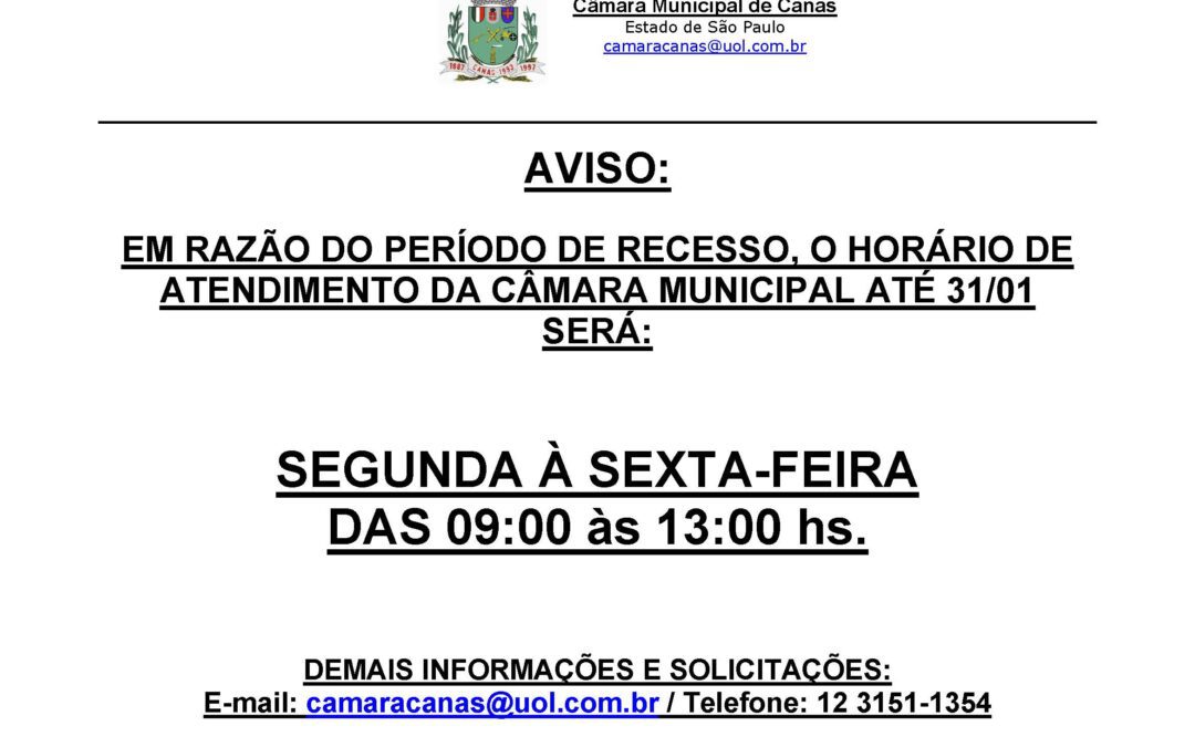 AVISO 1 – HORÁRIO DE FUNCIONAMENTO RECESSO